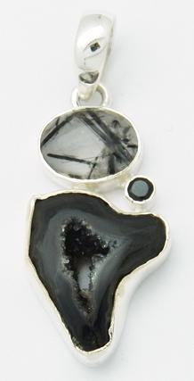 photo of black agate geode and 925 sterling silver pendant with tourmalated quartz and faceted black onyx
