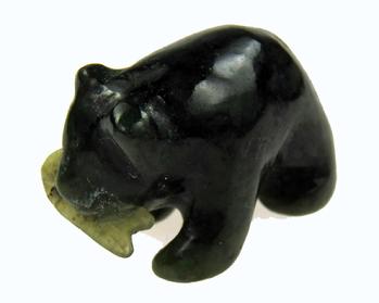 Photo of solid, carved nephrite jade bear with fish go to www.myrockhound.com to purchase