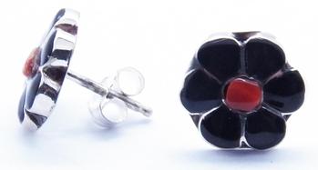 photo of zuni handmade black onyx and coral stud earring