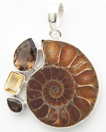 photo of ammonite citrine and smoky quartz pendant set in sterling silver
